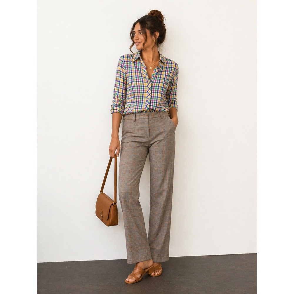 Talbots Womens XS‎ Multicolor Gingham Plaid Long Sleeve Button Down Shirt Cotton